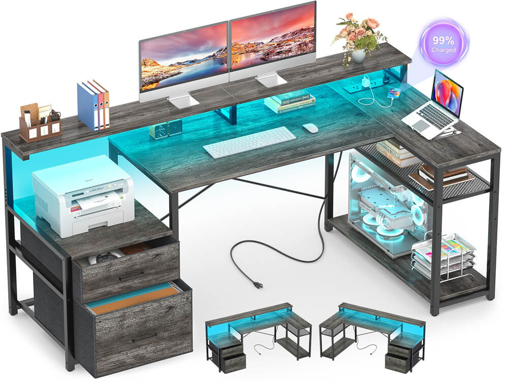 Reversible L Shaped Computer Desk Gaming Desk with File Drawer, Power Outlet & LED Strip