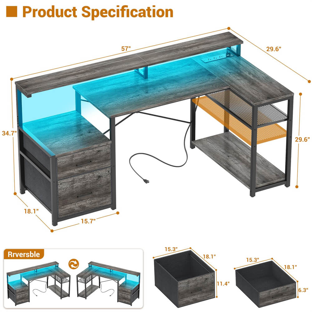 Reversible L Shaped Computer Desk Gaming Desk with File Drawer, Power Outlet & LED Strip