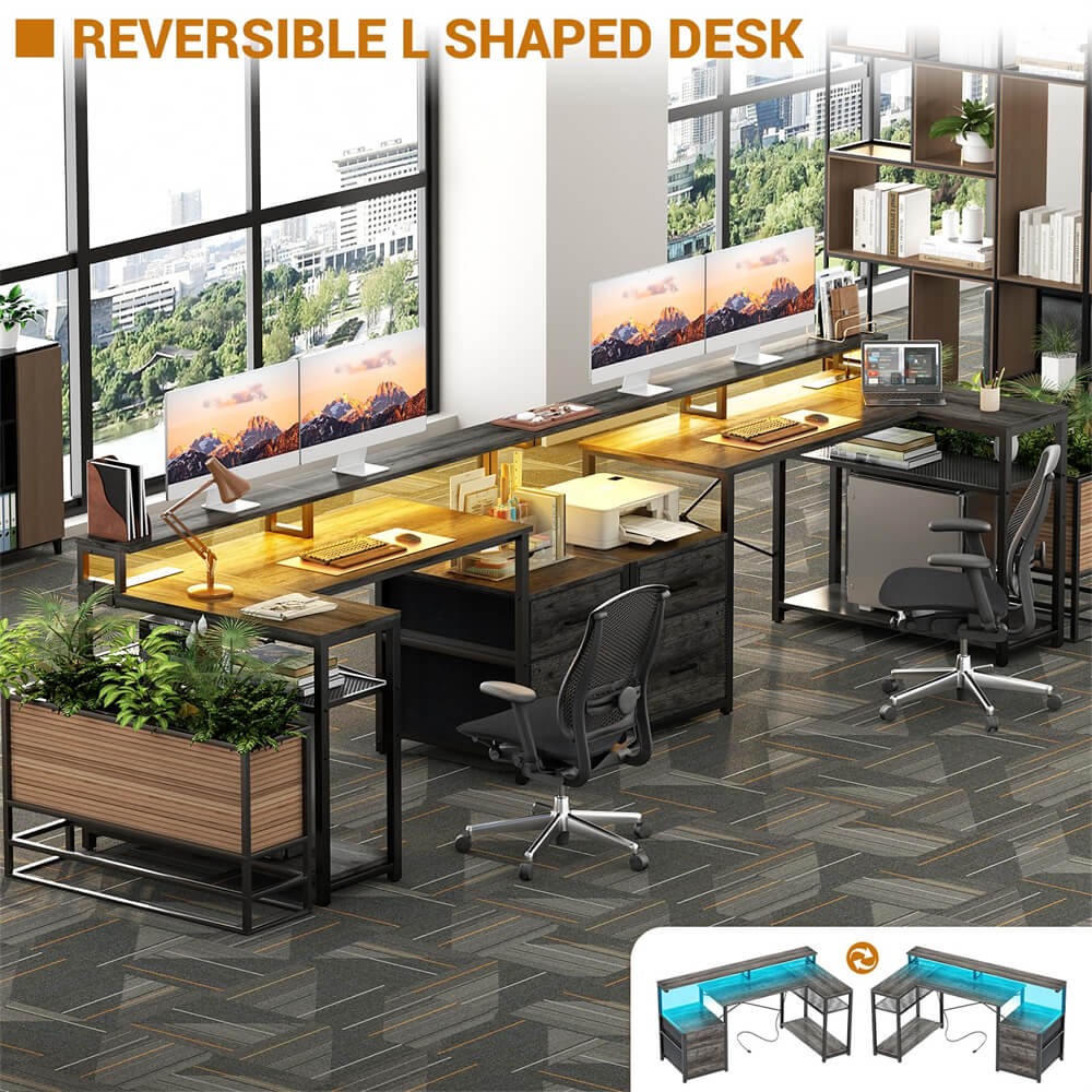 Reversible L Shaped Computer Desk Gaming Desk with File Drawer, Power Outlet & LED Strip