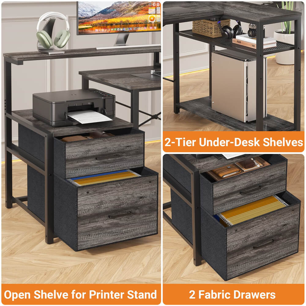 Reversible L Shaped Computer Desk Gaming Desk with File Drawer, Power Outlet & LED Strip