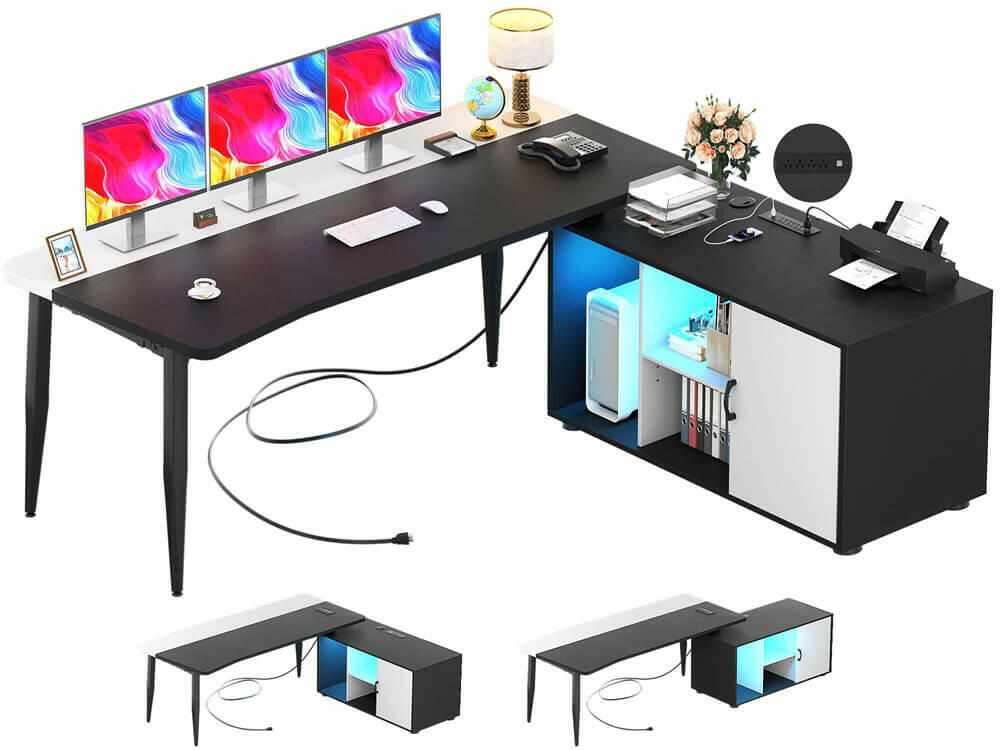 Unikito 55inch Computer Desk with Cabinet, Large L Desk with LED and Charging Station, Home Office Desk with Door and Storage, Office Desk with Power Outlet, Gaming Desk PC Table