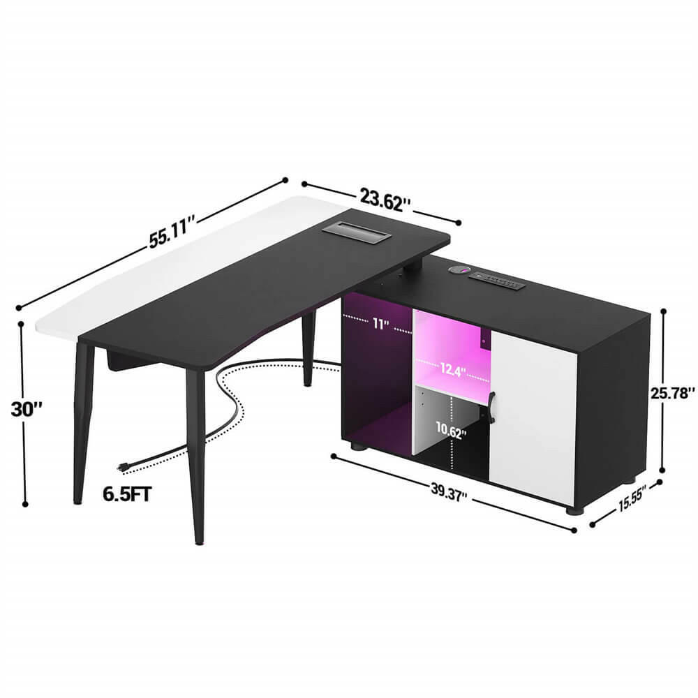 Unikito 55inch Computer Desk with Cabinet, Large L Desk with LED and Charging Station, Home Office Desk with Door and Storage, Office Desk with Power Outlet, Gaming Desk PC Table