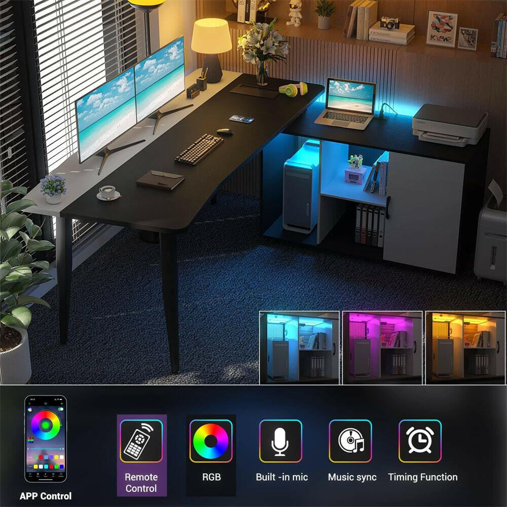 Unikito 55inch Computer Desk with Cabinet, Large L Desk with LED and Charging Station, Home Office Desk with Door and Storage, Office Desk with Power Outlet, Gaming Desk PC Table