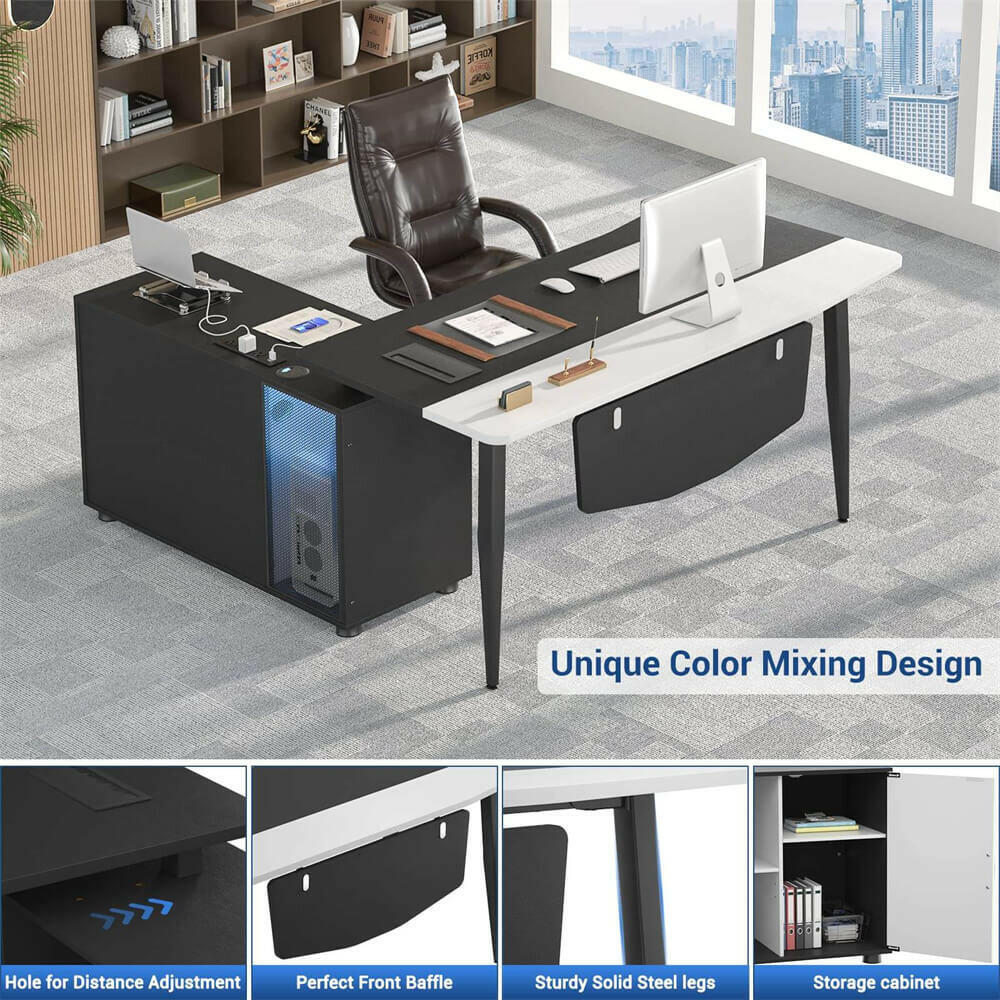 Unikito 55inch Computer Desk with Cabinet, Large L Desk with LED and Charging Station, Home Office Desk with Door and Storage, Office Desk with Power Outlet, Gaming Desk PC Table