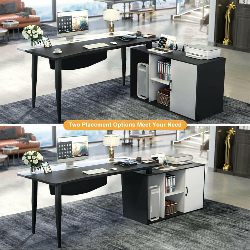 Unikito 55inch Computer Desk with Cabinet, Large L Desk with LED and Charging Station, Home Office Desk with Door and Storage, Office Desk with Power Outlet, Gaming Desk PC Table