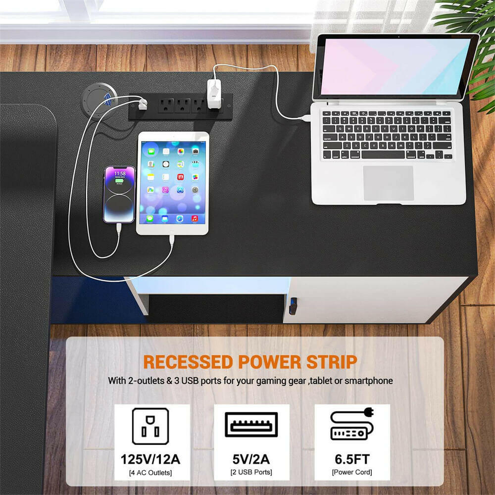 Unikito 55inch Computer Desk with Cabinet, Large L Desk with LED and Charging Station, Home Office Desk with Door and Storage, Office Desk with Power Outlet, Gaming Desk PC Table