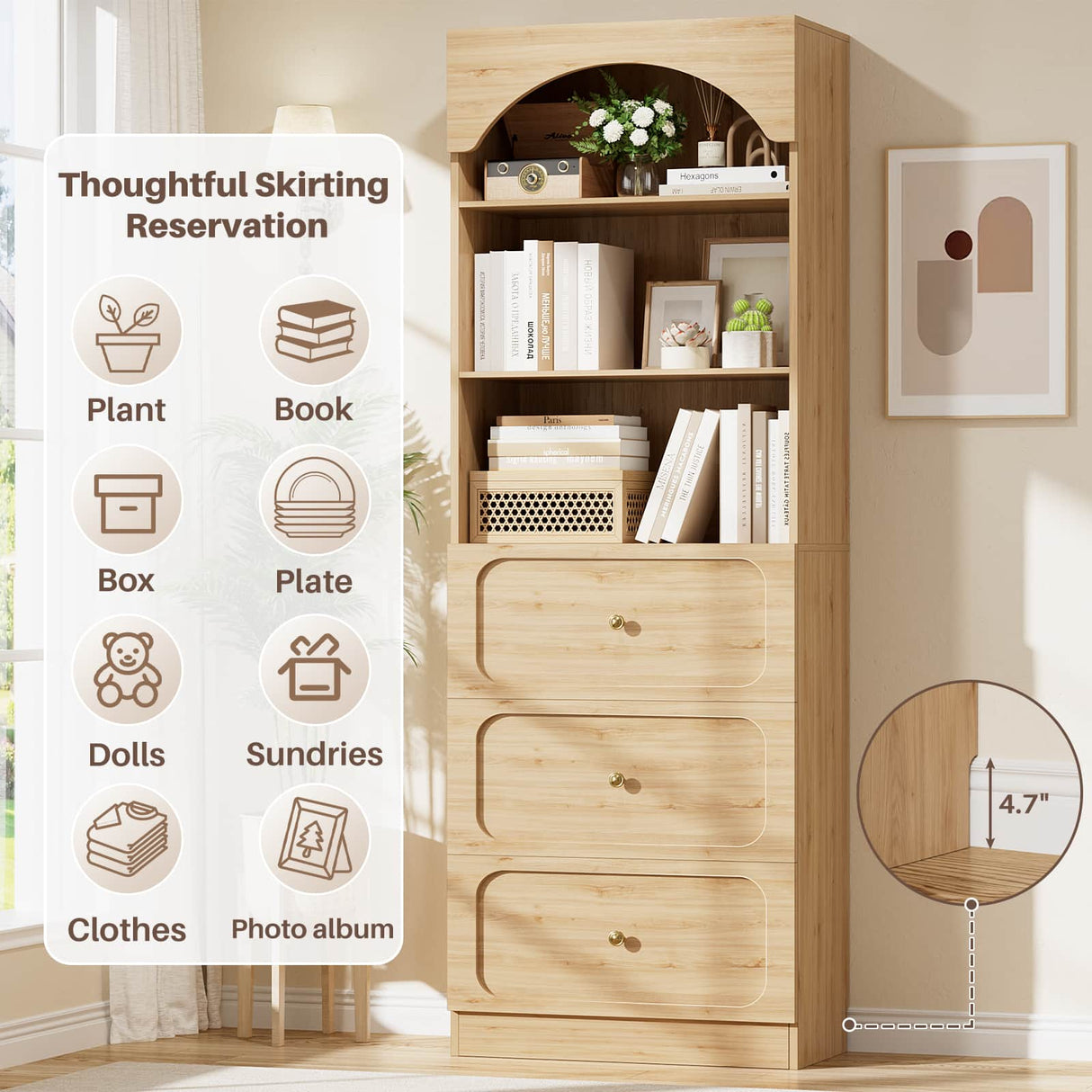 80'' Tall Bookcase with Drawers, Arched Wooden Bookshelf with Open Shelves & Storage for Living Room, Office & Bedroom