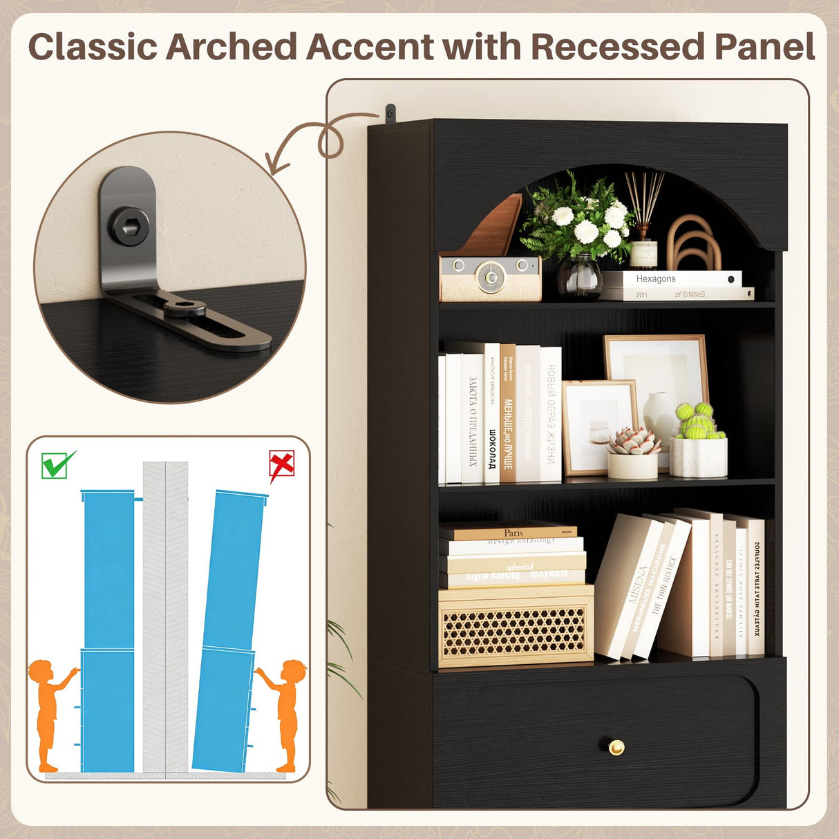 80'' Tall Bookcase with Drawers, Arched Wooden Bookshelf with Open Shelves & Storage for Living Room, Office & Bedroom