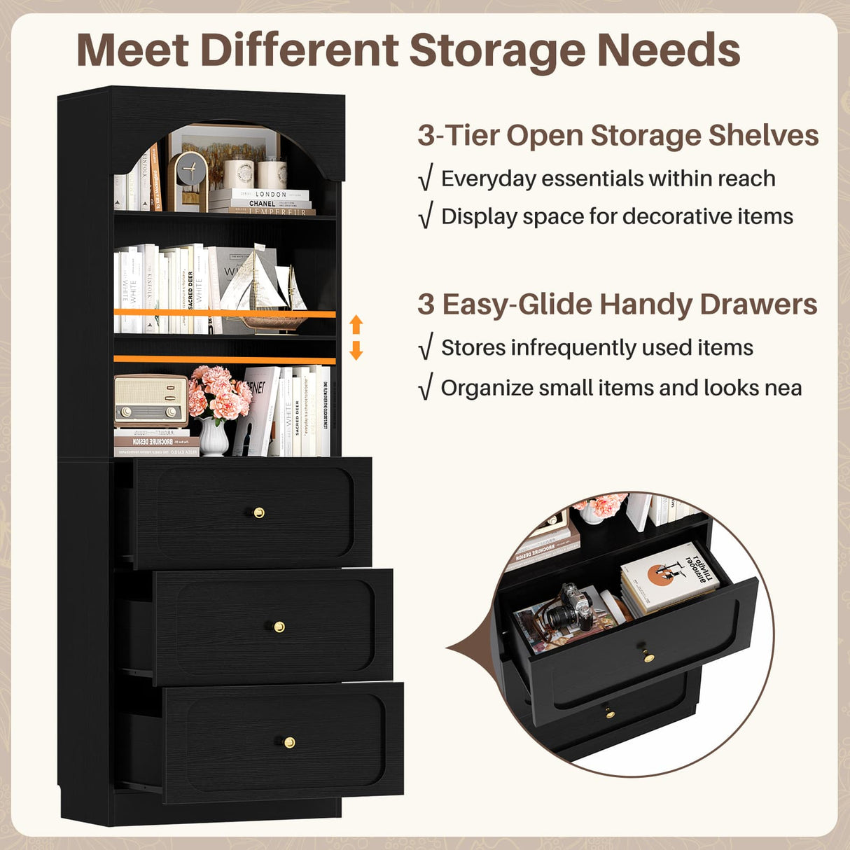 80'' Tall Bookcase with Drawers, Arched Wooden Bookshelf with Open Shelves & Storage for Living Room, Office & Bedroom
