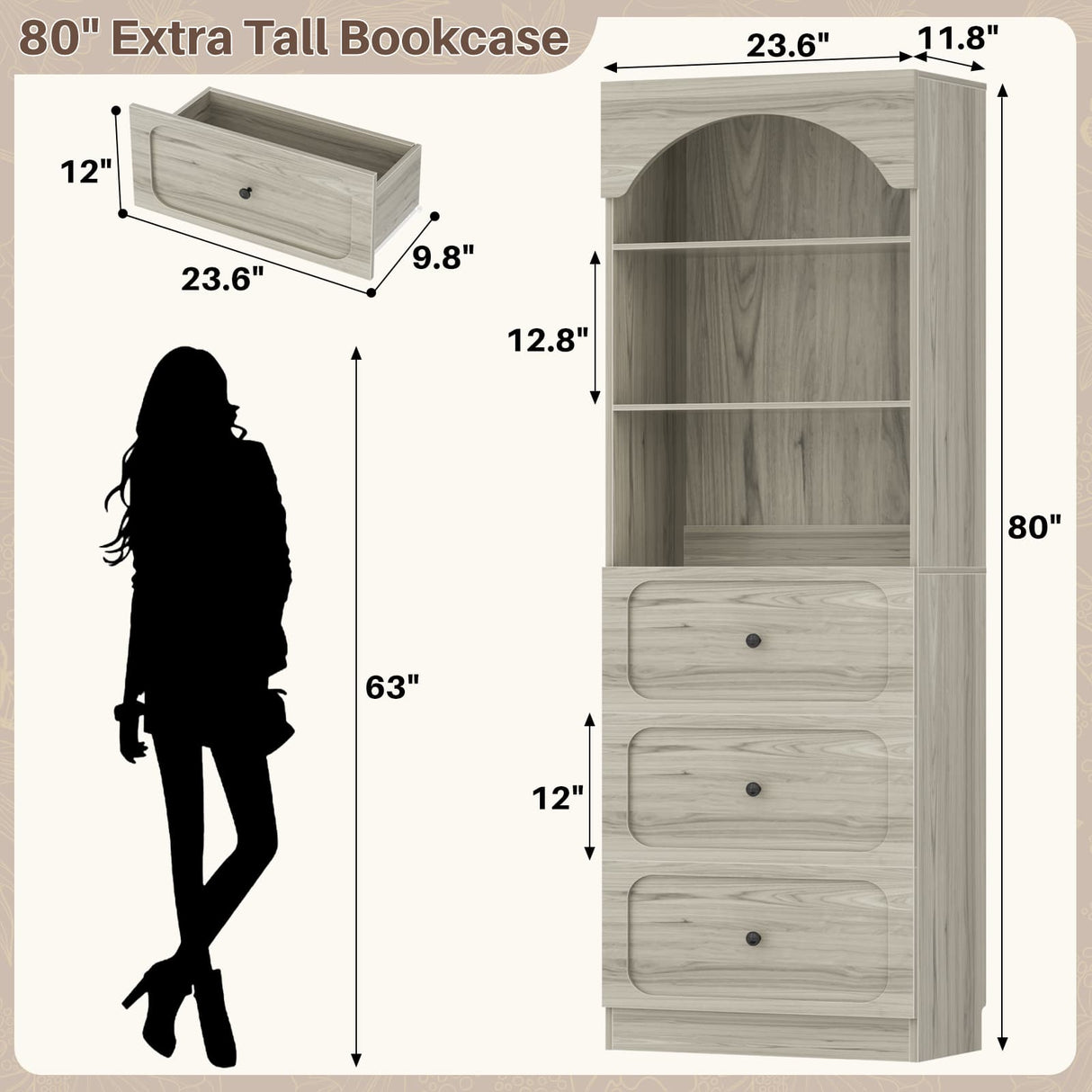80'' Tall Bookcase with Drawers, Arched Wooden Bookshelf with Open Shelves & Storage for Living Room, Office & Bedroom