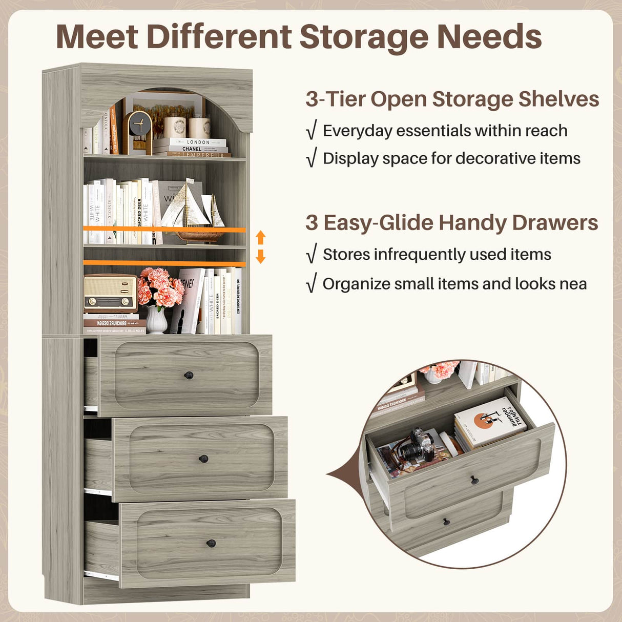 80'' Tall Bookcase with Drawers, Arched Wooden Bookshelf with Open Shelves & Storage for Living Room, Office & Bedroom