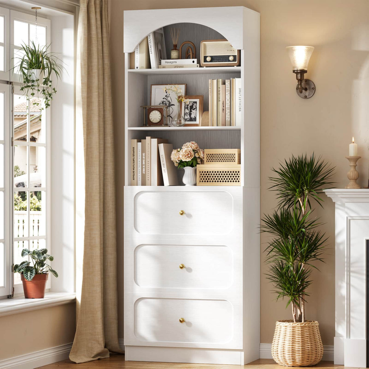 80'' Tall Bookcase with Drawers, Arched Wooden Bookshelf with Open Shelves & Storage for Living Room, Office & Bedroom