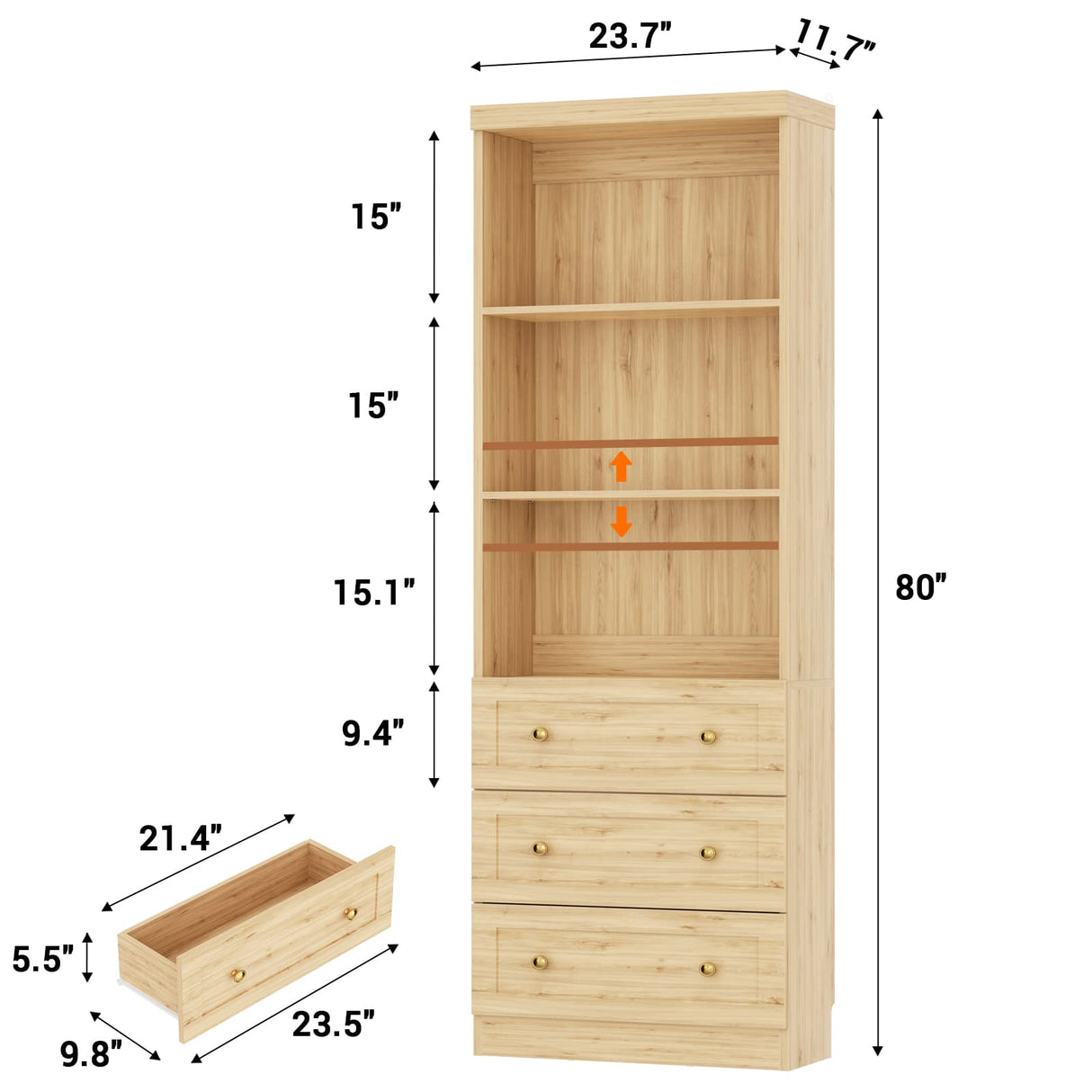80" Bookshelf with 3 Drawers, Tall Bookcase with Thickened Top Panel and 3-Tier Open Shelves