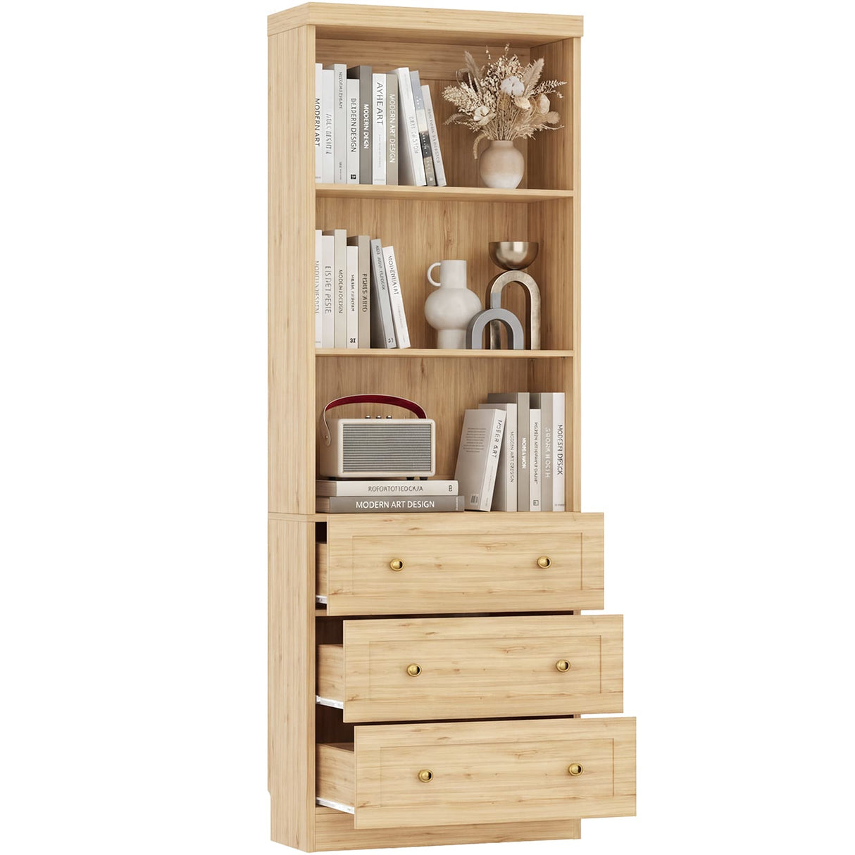 80" Bookshelf with 3 Drawers, Tall Bookcase with Thickened Top Panel and 3-Tier Open Shelves