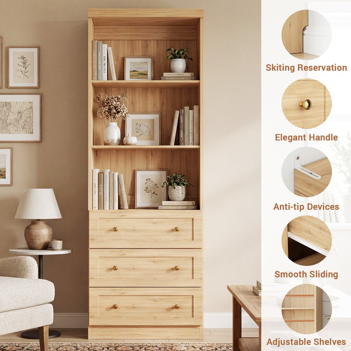 80" Bookshelf with 3 Drawers, Tall Bookcase with Thickened Top Panel and 3-Tier Open Shelves