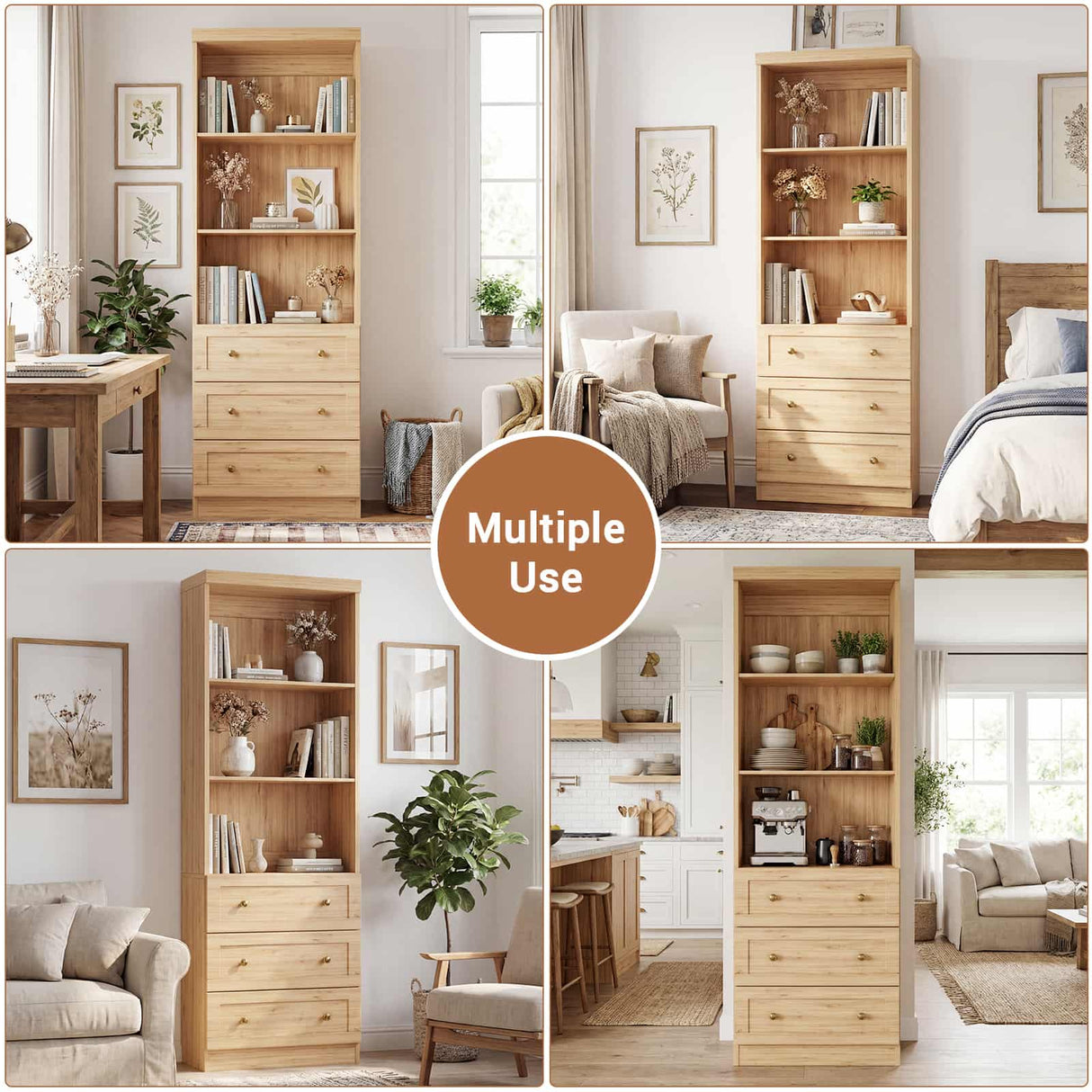 80" Bookshelf with 3 Drawers, Tall Bookcase with Thickened Top Panel and 3-Tier Open Shelves