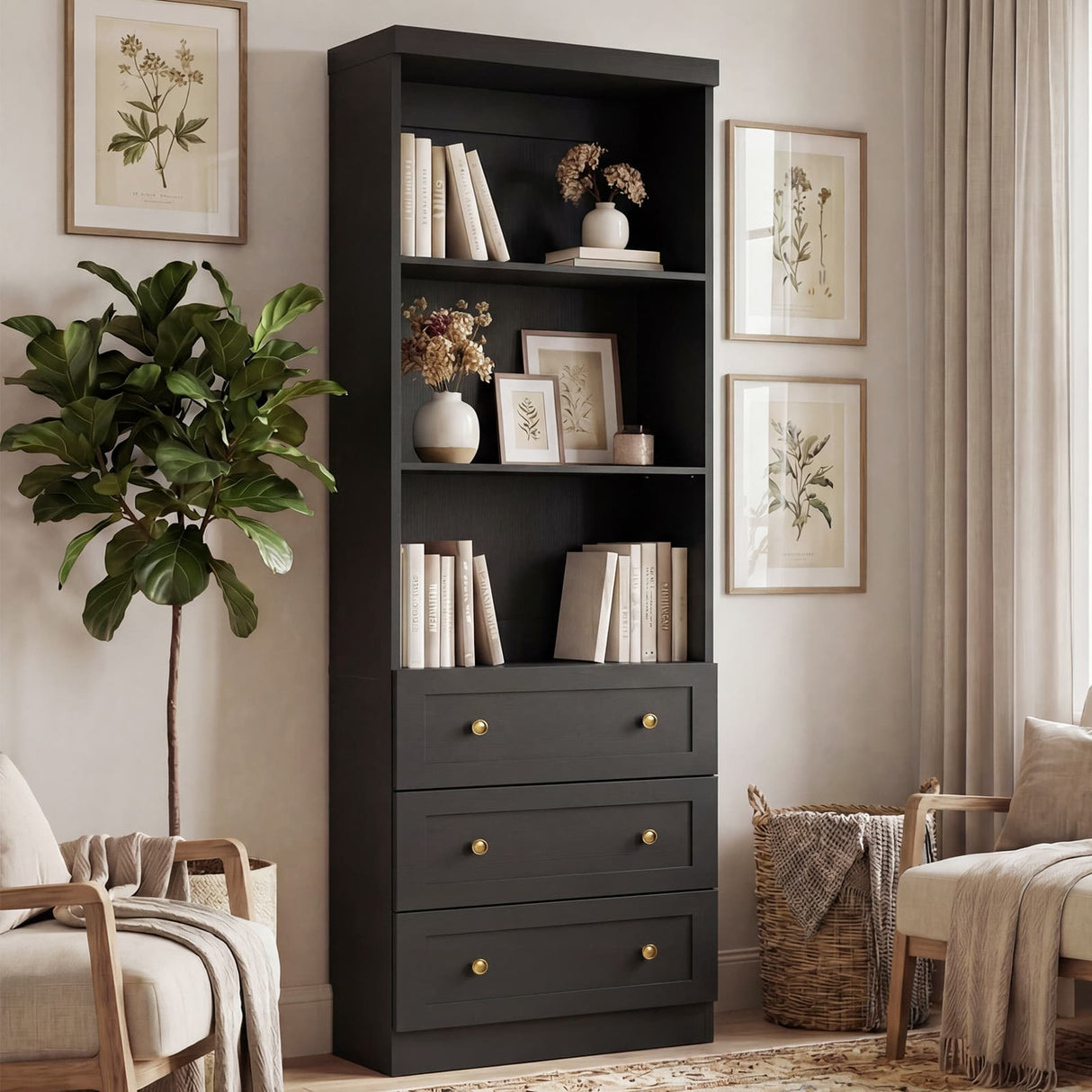 80" Bookshelf with 3 Drawers, Tall Bookcase with Thickened Top Panel and 3-Tier Open Shelves