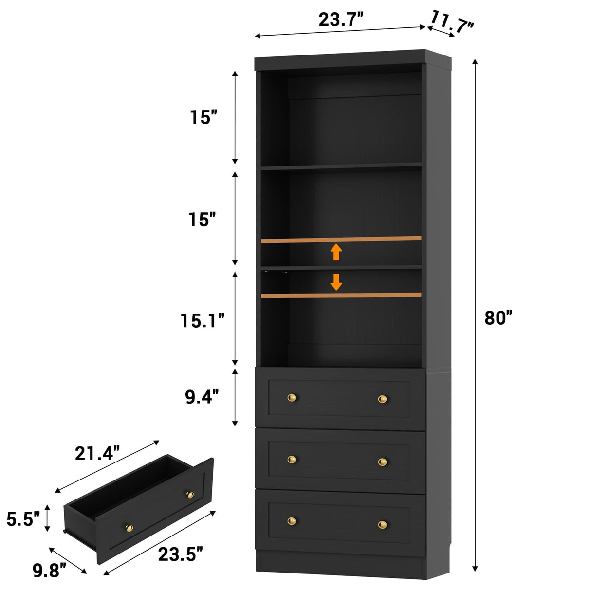 80" Bookshelf with 3 Drawers, Tall Bookcase with Thickened Top Panel and 3-Tier Open Shelves