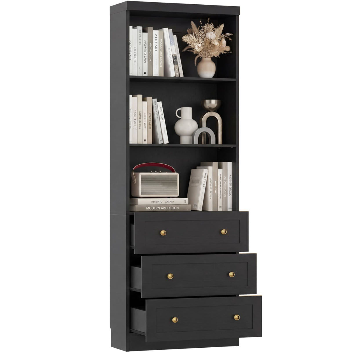 80" Bookshelf with 3 Drawers, Tall Bookcase with Thickened Top Panel and 3-Tier Open Shelves