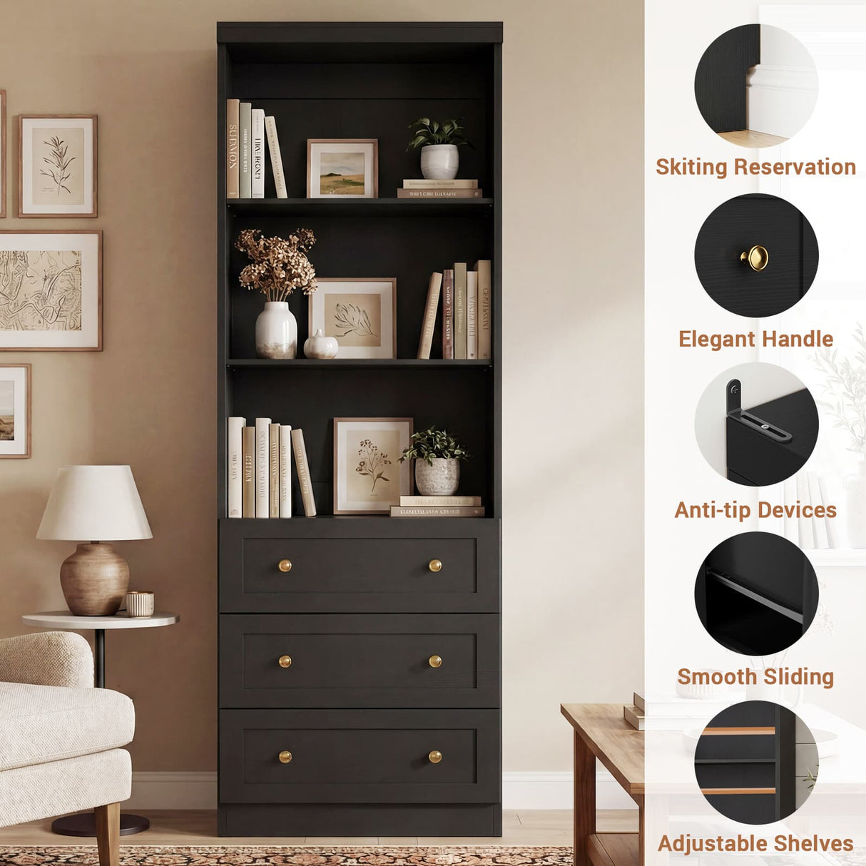 80" Bookshelf with 3 Drawers, Tall Bookcase with Thickened Top Panel and 3-Tier Open Shelves