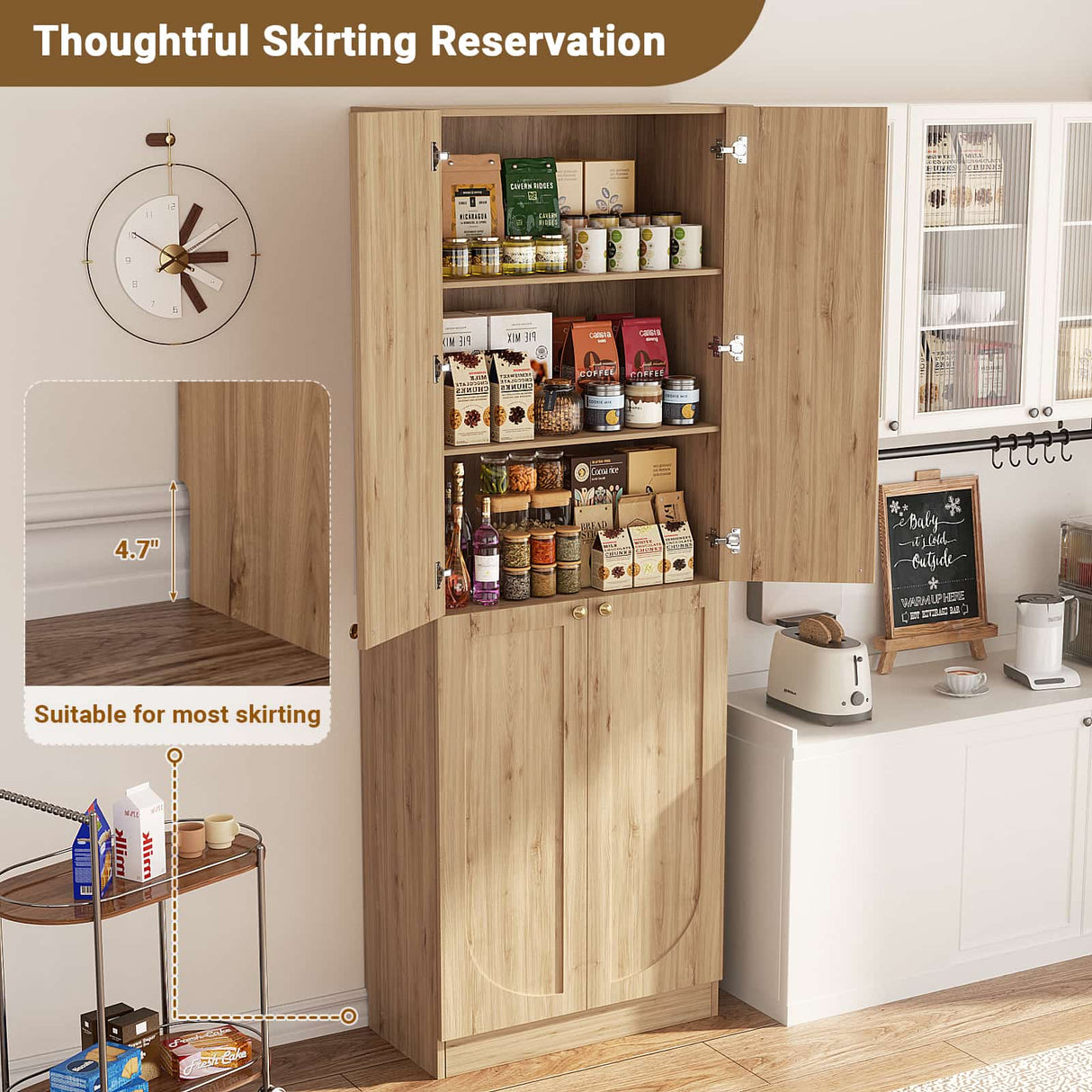 80'' Tall Farmhouse Pantry Cabinet with Arched Doors, Adjustable Shelves & Storage, Wooden Cabinet for Kitchen, Bathroom & Living Room
