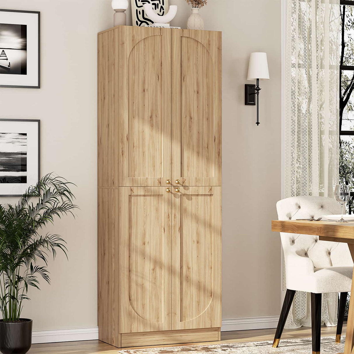 80'' Tall Farmhouse Pantry Cabinet with Arched Doors, Adjustable Shelves & Storage, Wooden Cabinet for Kitchen, Bathroom & Living Room