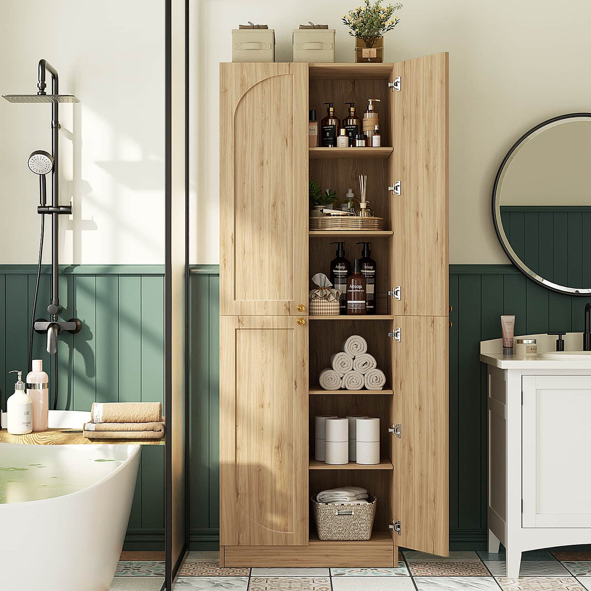 80'' Tall Farmhouse Pantry Cabinet with Arched Doors, Adjustable Shelves & Storage, Wooden Cabinet for Kitchen, Bathroom & Living Room