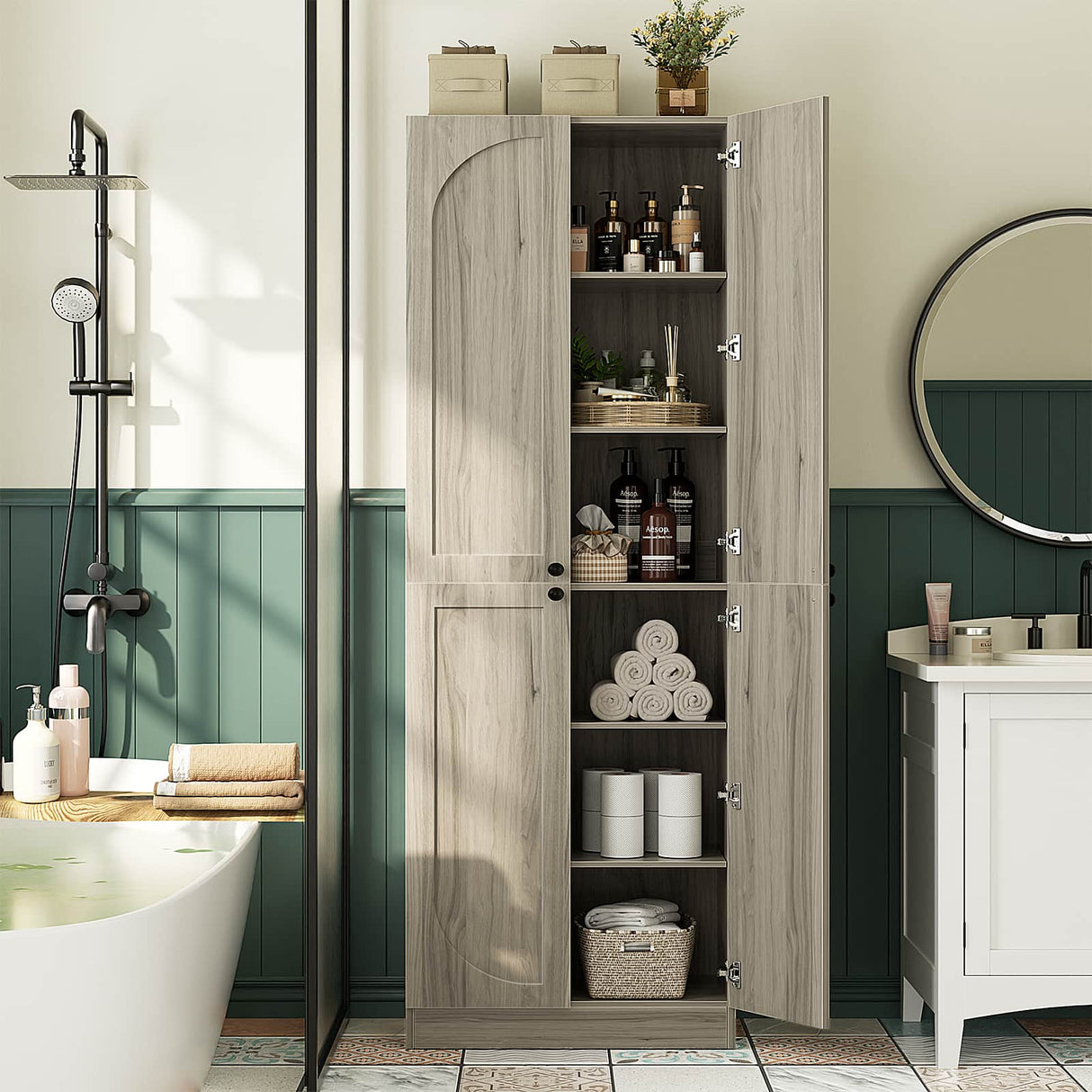 80'' Tall Farmhouse Pantry Cabinet with Arched Doors, Adjustable Shelves & Storage, 2 Packs