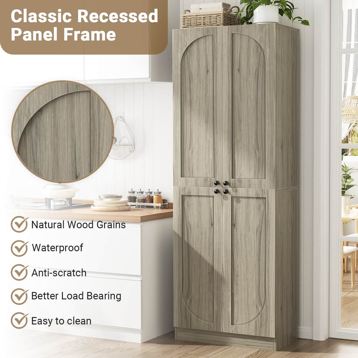 80'' Tall Farmhouse Pantry Cabinet with Arched Doors, Adjustable Shelves & Storage, 2 Packs