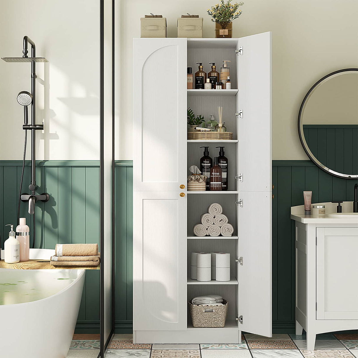 80'' Tall Farmhouse Pantry Cabinet with Arched Doors, Adjustable Shelves & Storage, 2 Packs