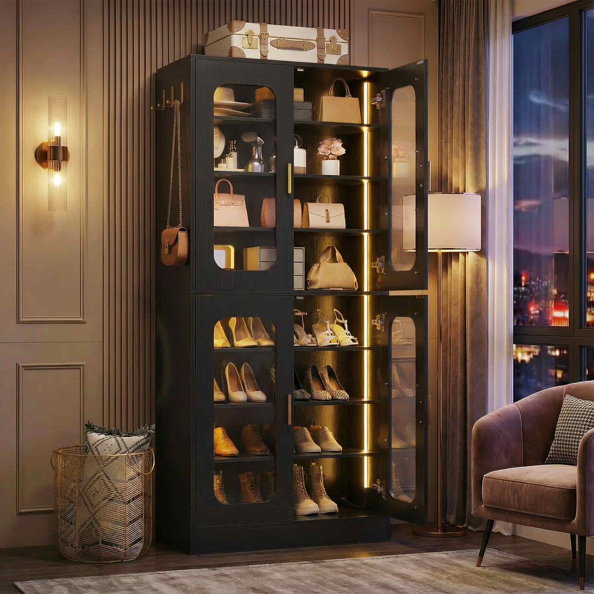 8-Tier Shoe Cabinet with LED Lights & Clear Doors, Extra Wide Storage Display Cabinet with Gold Accents for Shoes, Bags & Collectibles