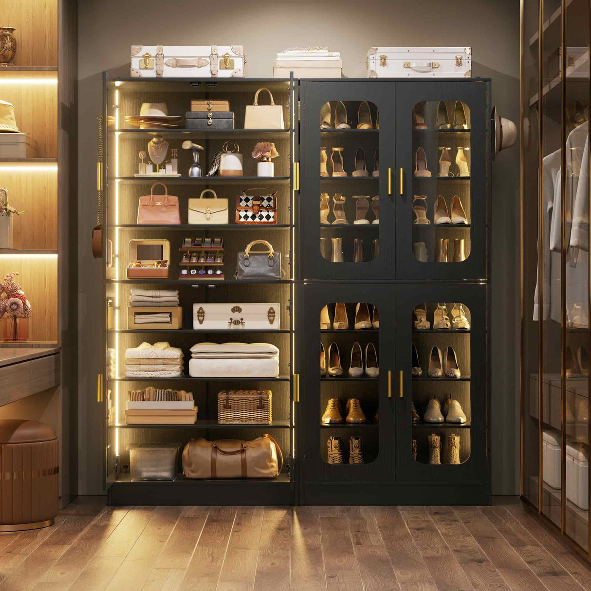 8-Tier Shoe Cabinet with LED Lights & Clear Doors, Extra Wide Storage Display Cabinet with Gold Accents for Shoes, Bags & Collectibles