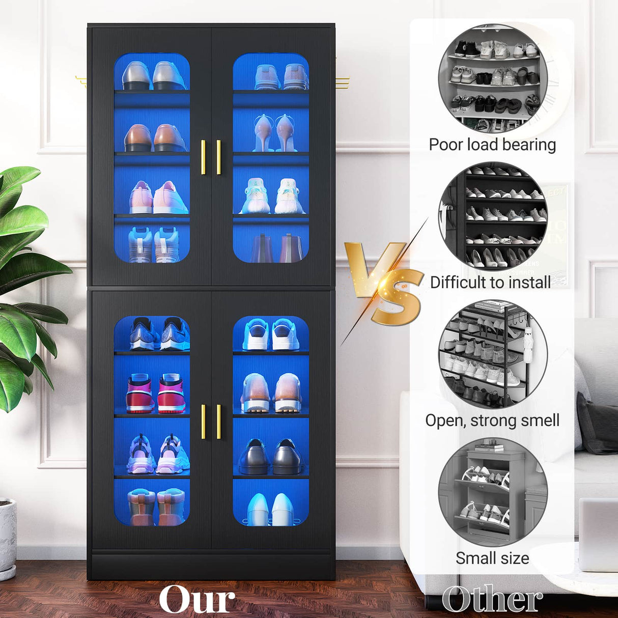 8-Tier Shoe Cabinet with LED Lights & Clear Doors, Extra Wide Storage Display Cabinet with Gold Accents for Shoes, Bags & Collectibles
