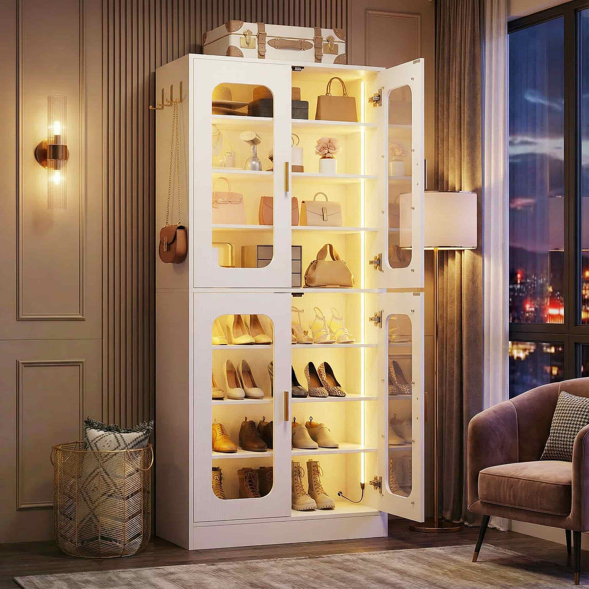 8-Tier Shoe Cabinet with LED Lights & Clear Doors, Extra Wide Storage Display Cabinet with Gold Accents for Shoes, Bags & Collectibles