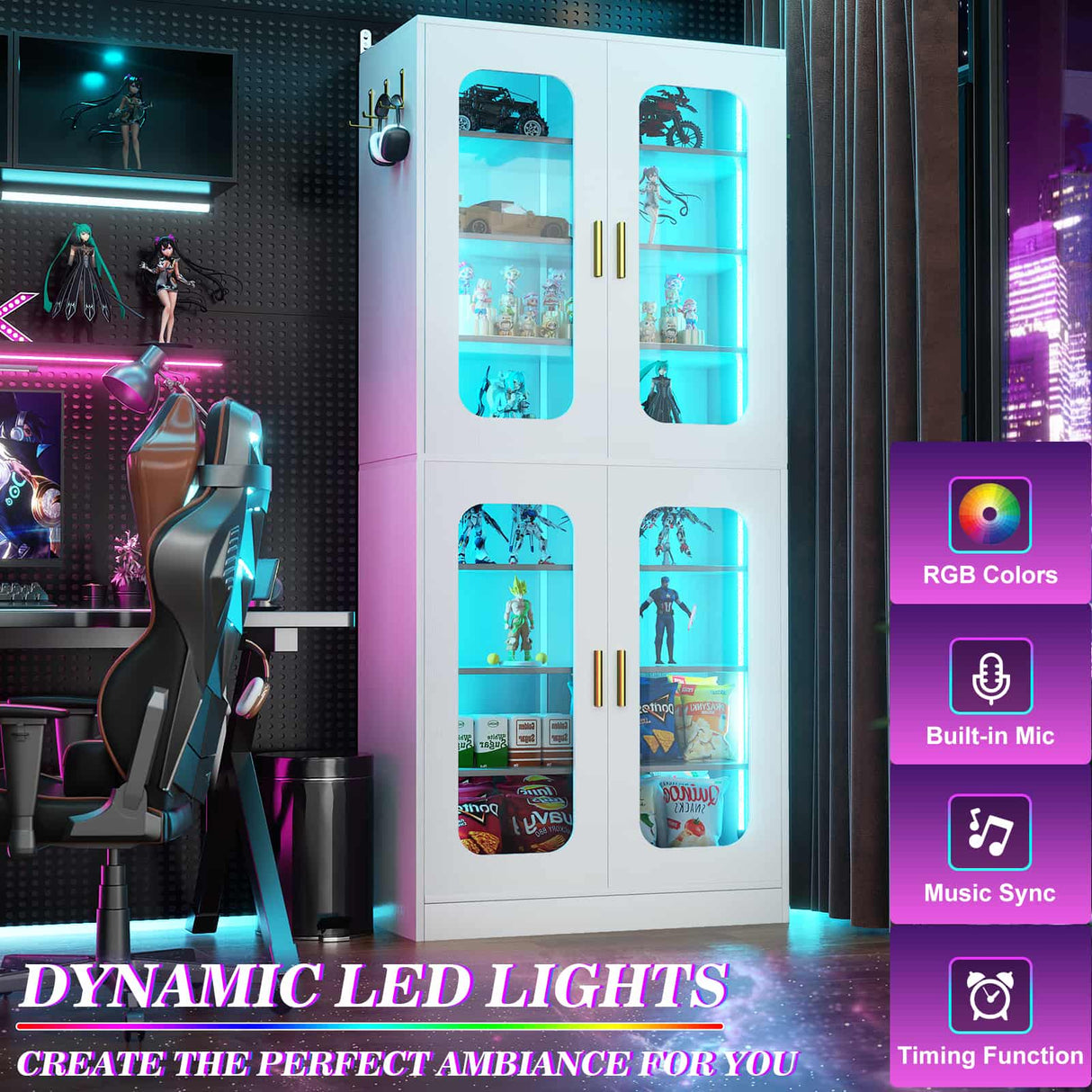 8-Tier Shoe Cabinet with LED Lights & Clear Doors, Extra Wide Storage Display Cabinet with Gold Accents for Shoes, Bags & Collectibles