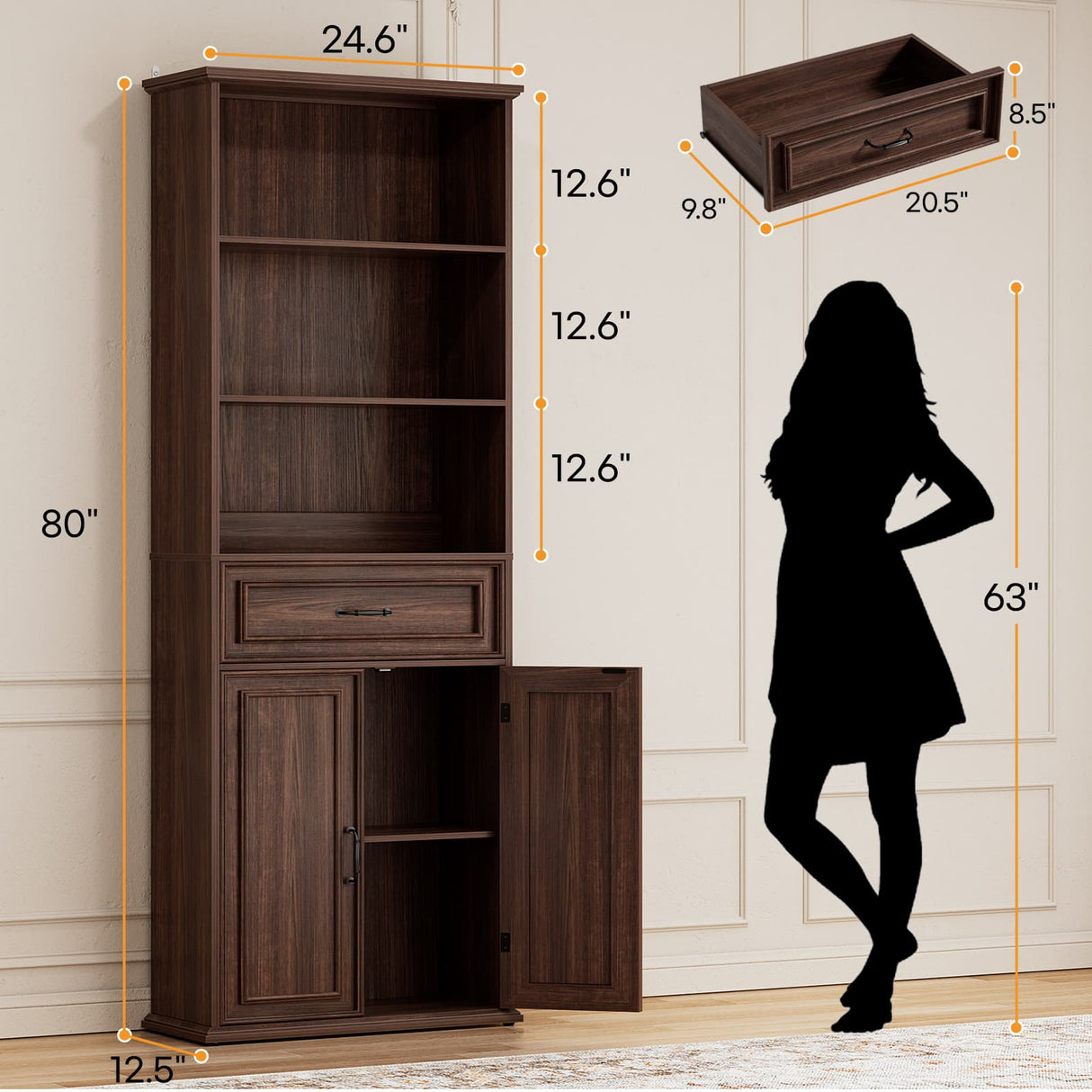 80'' Tall Farmhouse Bookcase with Doors & Drawer, Wooden Storage Cabinet with Shelves, Display Bookshelf for Living Room, Office & Kitchen