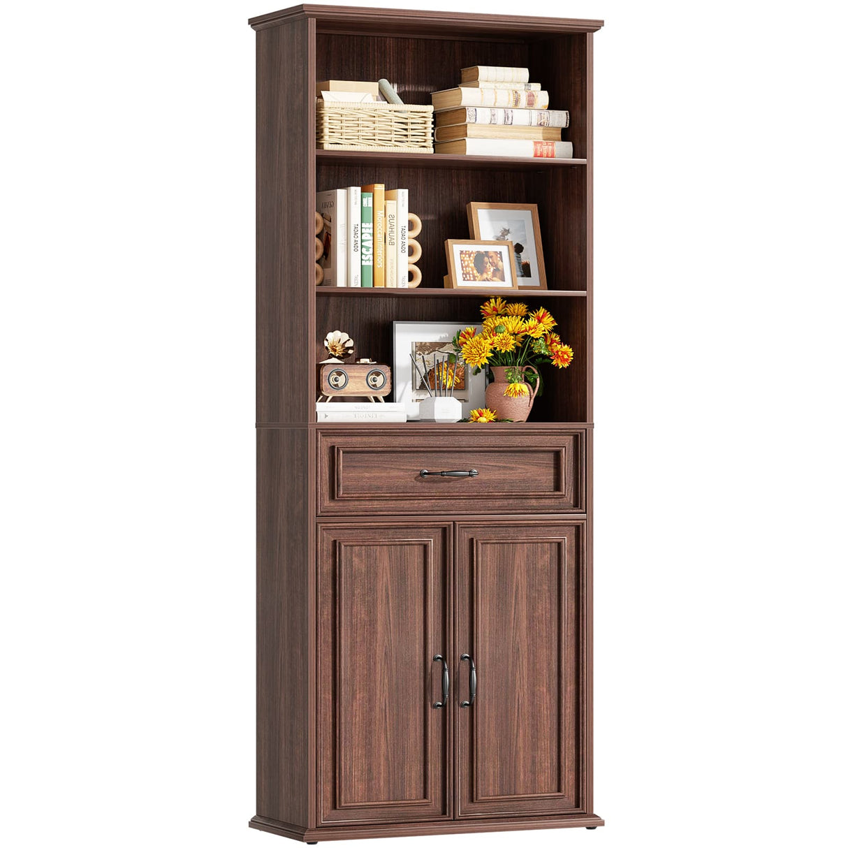 80'' Tall Farmhouse Bookcase with Doors & Drawer, Wooden Storage Cabinet with Shelves, Display Bookshelf for Living Room, Office & Kitchen