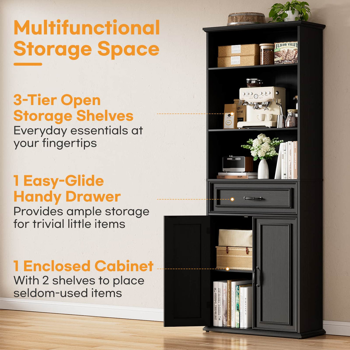 80'' Tall Farmhouse Bookcase with Doors & Drawer, Wooden Storage Cabinet with Shelves, Display Bookshelf for Living Room, Office & Kitchen