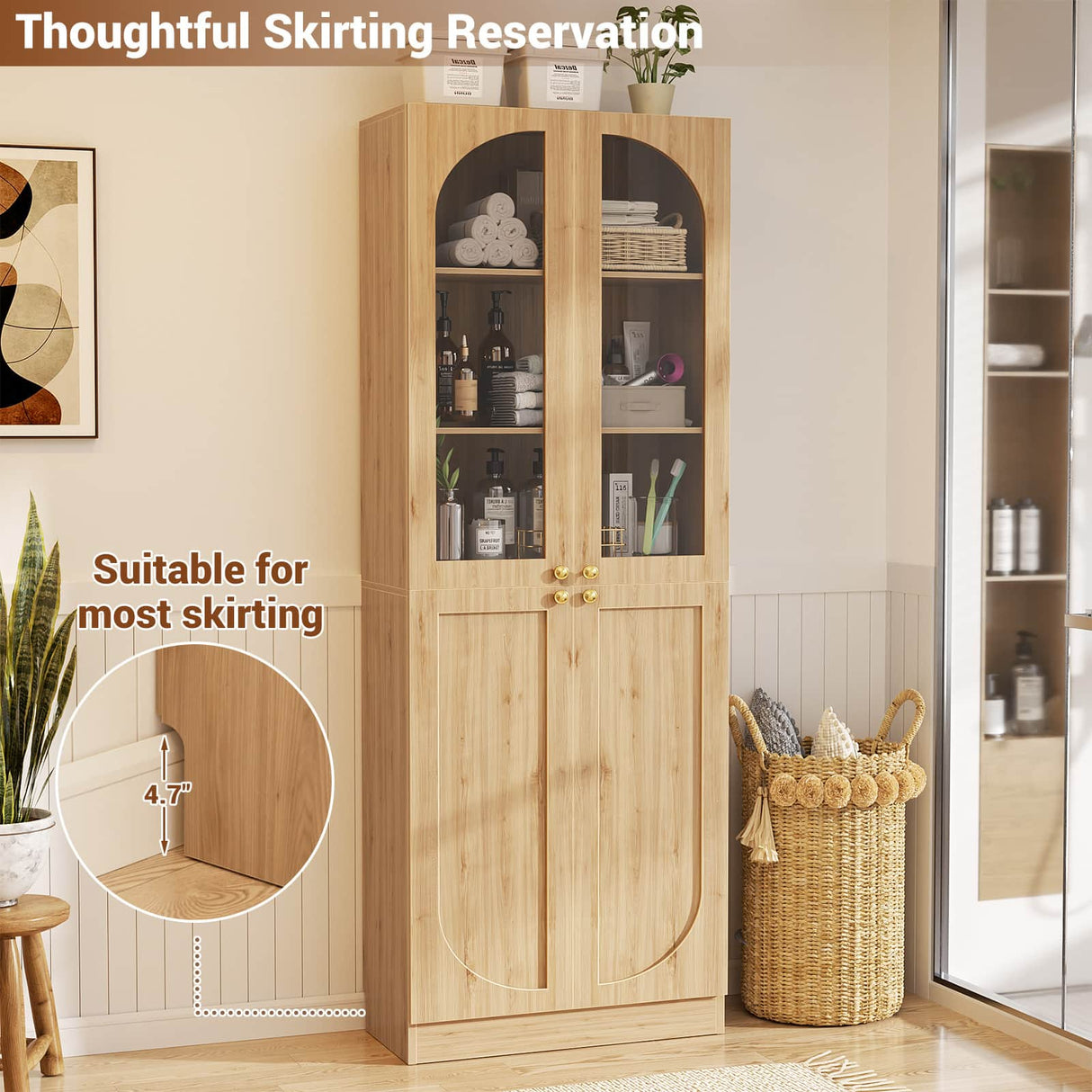 80'' Tall Pantry Cabinet with Glass Doors & Shelves, Arched Farmhouse Storage Cabinet for Kitchen, Living Room & Bathroom