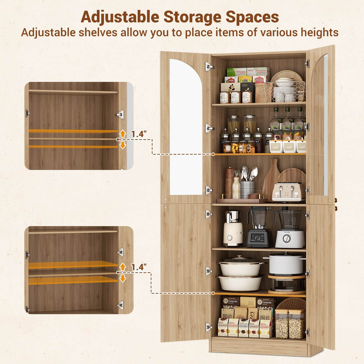 80'' Tall Pantry Cabinet with Glass Doors & Shelves, Arched Farmhouse Storage Cabinet for Kitchen, Living Room & Bathroom
