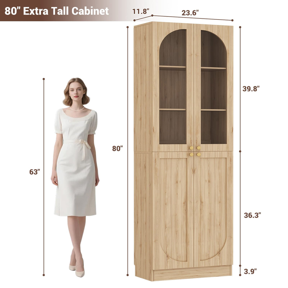 80'' Tall Pantry Cabinet with Glass Doors & Shelves, Arched Farmhouse Storage Cabinet for Kitchen, Living Room & Bathroom