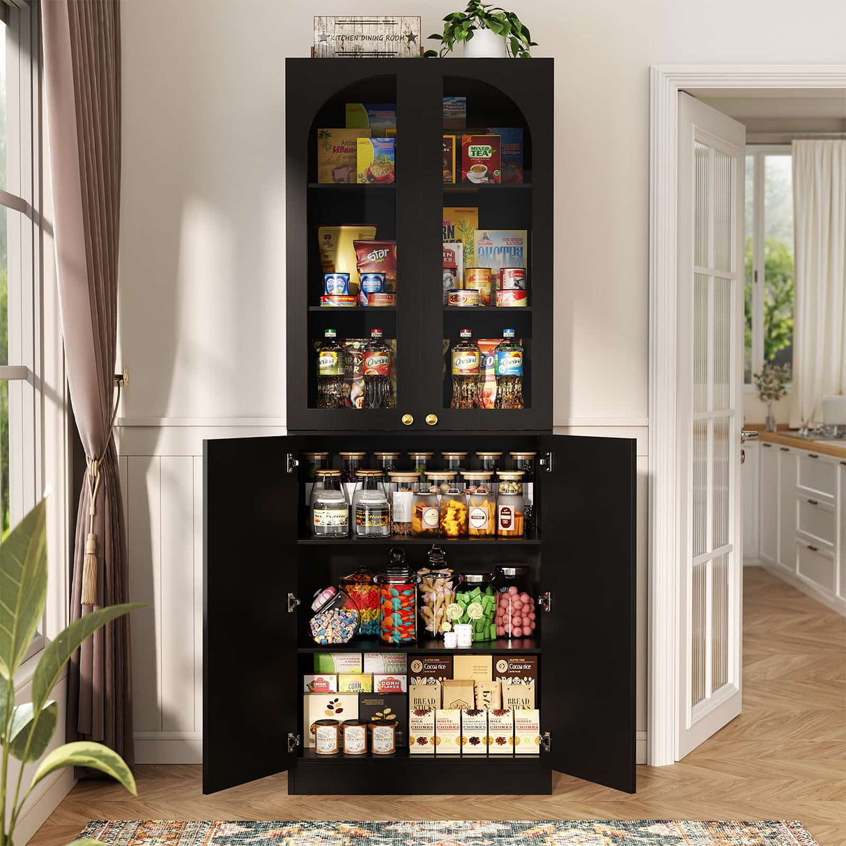 80'' Tall Pantry Cabinet with Glass Doors & Shelves, Arched Farmhouse Storage Cabinet for Kitchen, Living Room & Bathroom