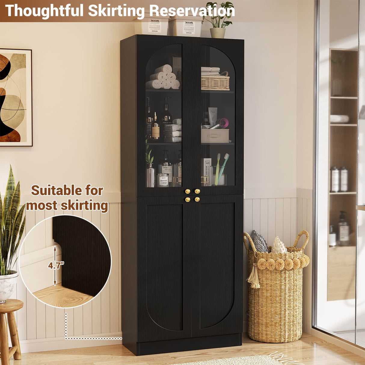80'' Tall Pantry Cabinet with Glass Doors & Shelves, Arched Farmhouse Storage Cabinet for Kitchen, Living Room & Bathroom