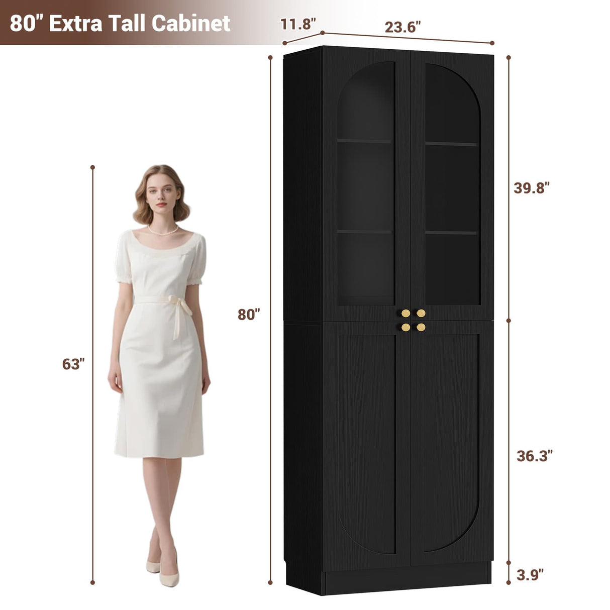 80'' Tall Pantry Cabinet with Glass Doors & Shelves, Arched Farmhouse Storage Cabinet for Kitchen, Living Room & Bathroom