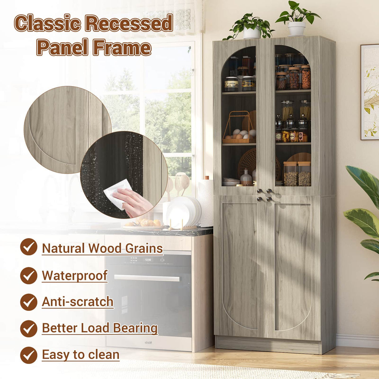 80'' Tall Pantry Cabinet with Glass Doors & Shelves, Arched Farmhouse Storage Cabinet for Kitchen, Living Room & Bathroom