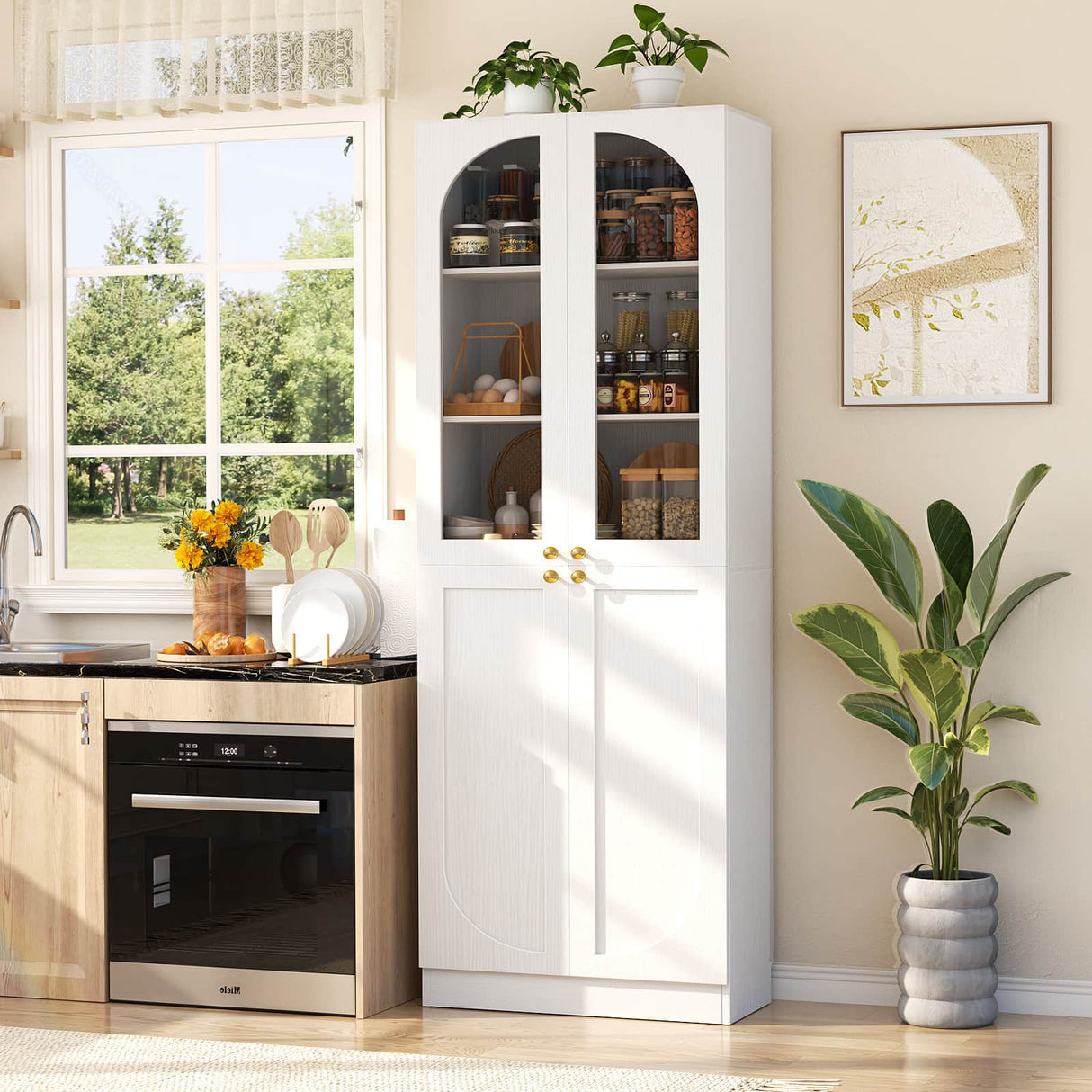 80'' Tall Pantry Cabinet with Glass Doors & Shelves, Arched Farmhouse Storage Cabinet for Kitchen, Living Room & Bathroom