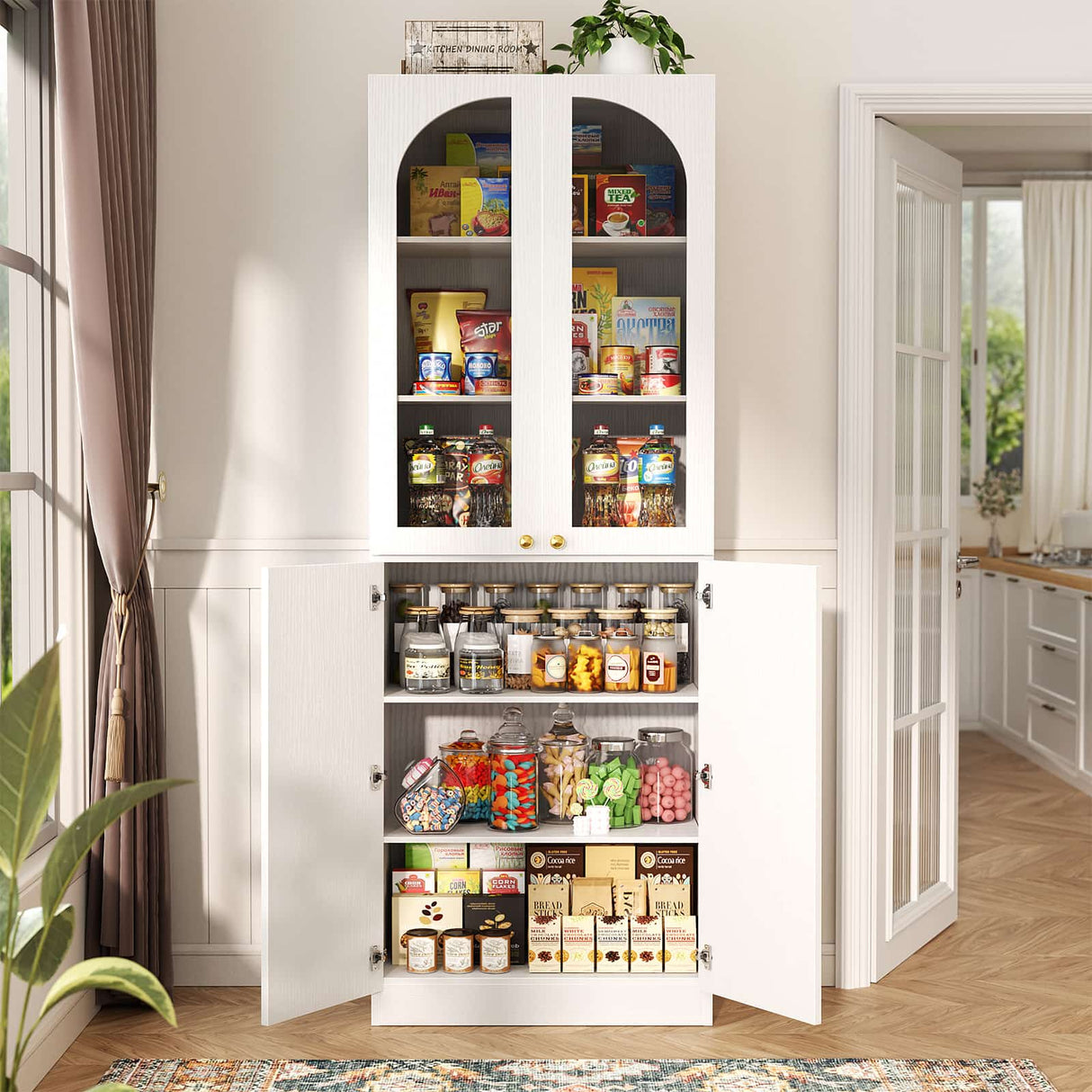 80'' Tall Pantry Cabinet with Glass Doors & Shelves, Arched Farmhouse Storage Cabinet for Kitchen, Living Room & Bathroom