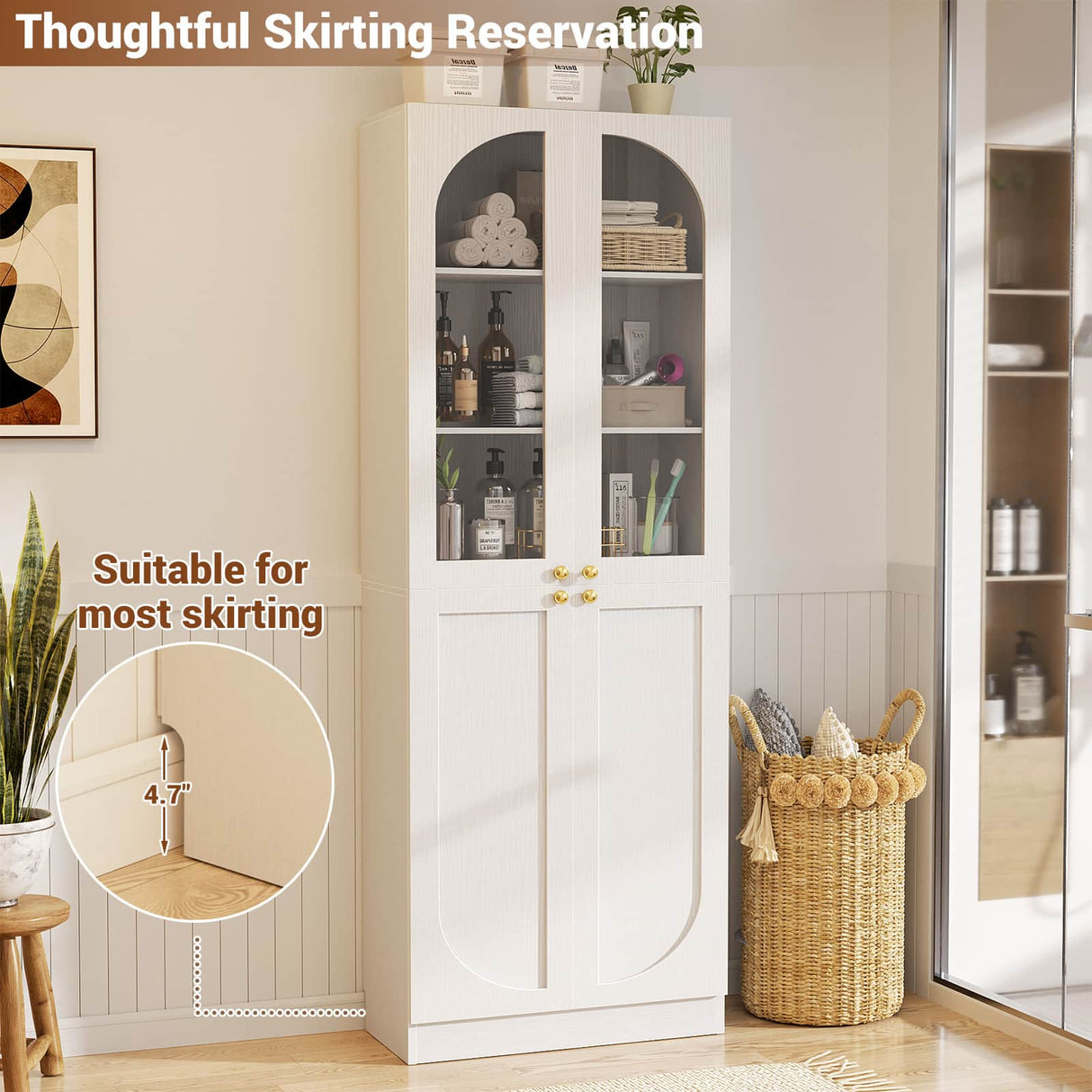 80'' Tall Pantry Cabinet with Glass Doors & Shelves, Arched Farmhouse Storage Cabinet for Kitchen, Living Room & Bathroom