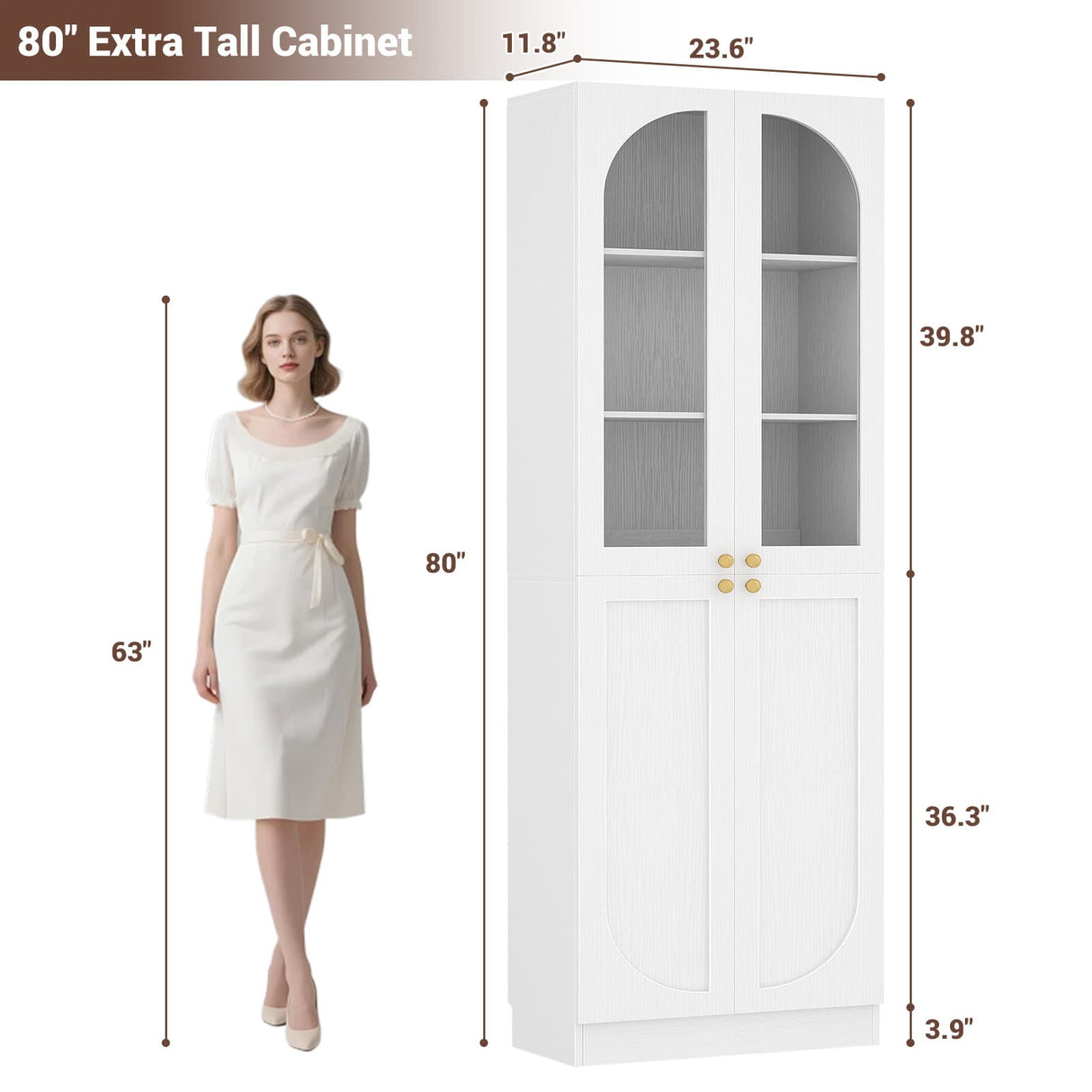 80'' Tall Pantry Cabinet with Glass Doors & Shelves, Arched Farmhouse Storage Cabinet for Kitchen, Living Room & Bathroom