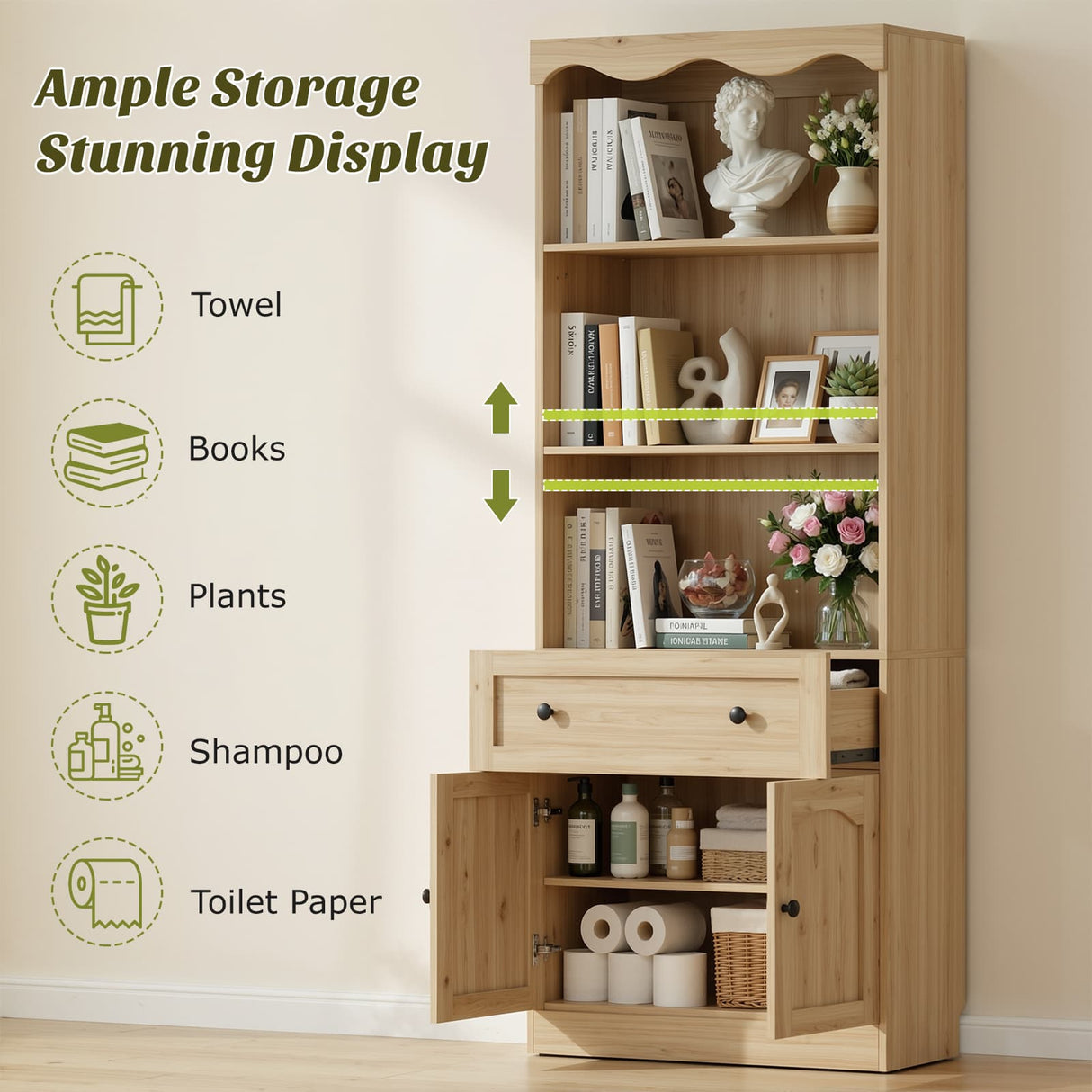 80'' Tall Bookcase with Drawer, Cabinet, and 3-Tier Open Shelves